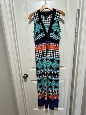 En Focus Studio women’s size 8 Teal, Black, Orange & White Geometric Maxi Dress